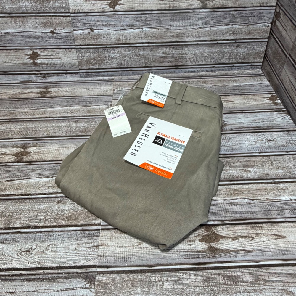 Van Heusen Ultimate Traveler Pants Mens 32x32 Taupe Heather Straight Fit